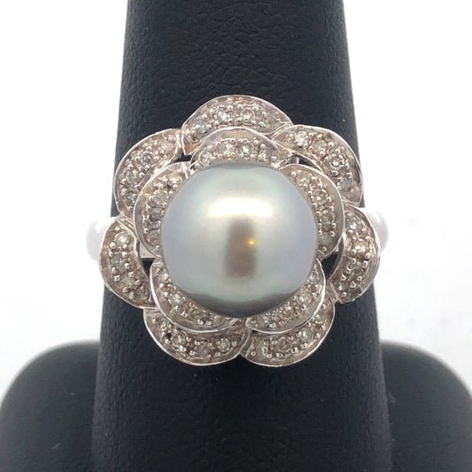 Designer 14K White Gold Tahitian Pearl Diamond Statement Cocktail Ring