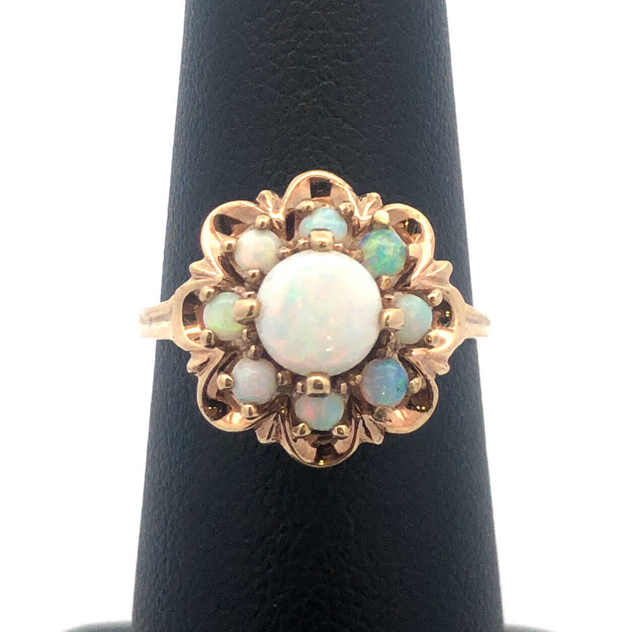 Vintage 10K Yellow Gold Opal Floral Cluster October Anniversary Cocktail Ring
