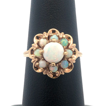 Vintage 10K Yellow Gold Opal Floral Cluster October Anniversary Cocktail Ring