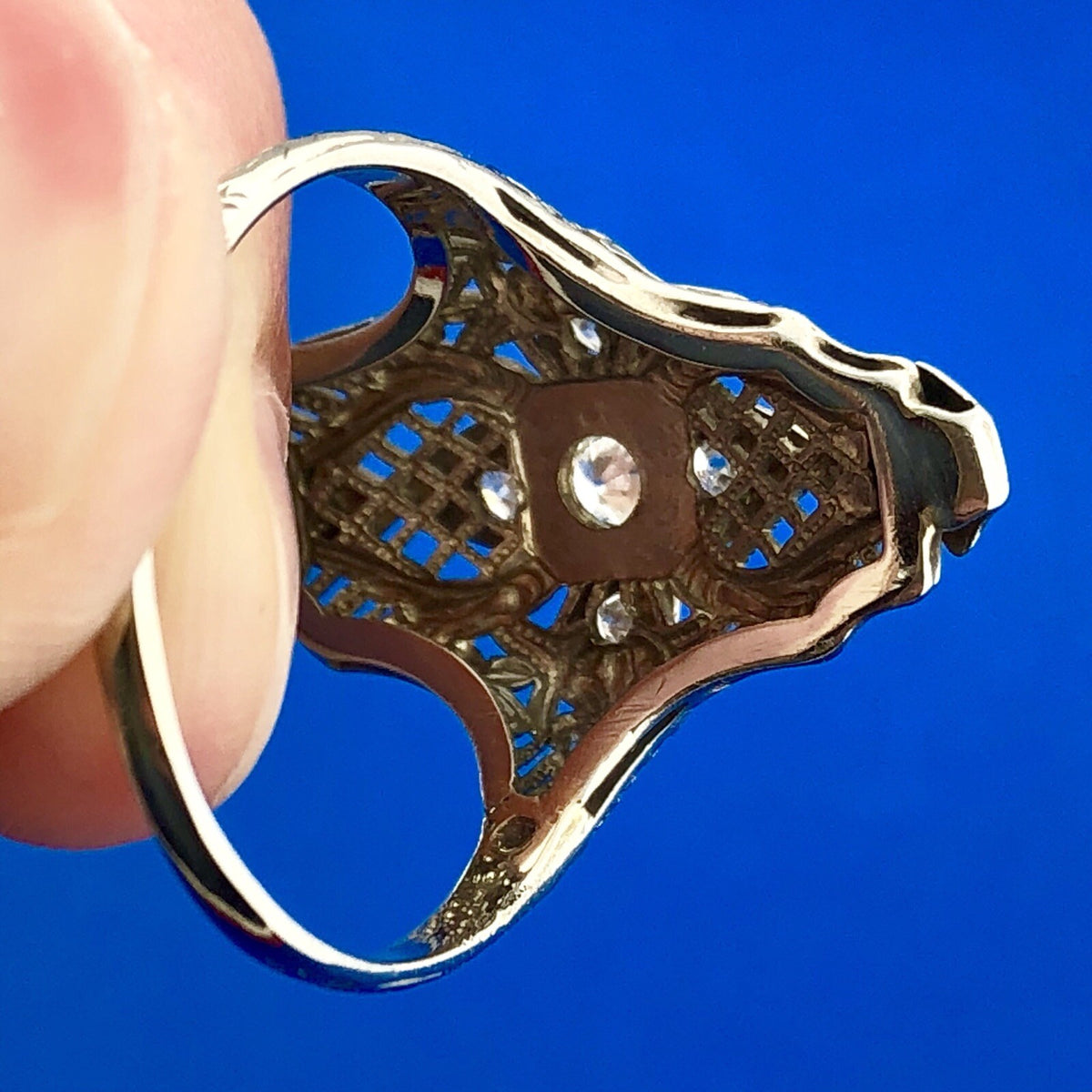 Art Nouveau Art Deco 18K White Gold Diamond Filigree Statement Finger Ring