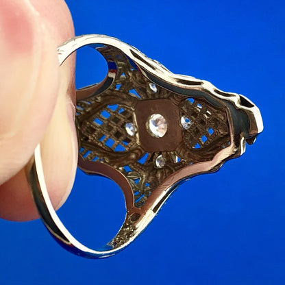 Art Nouveau Art Deco 18K White Gold Diamond Filigree Statement Finger Ring