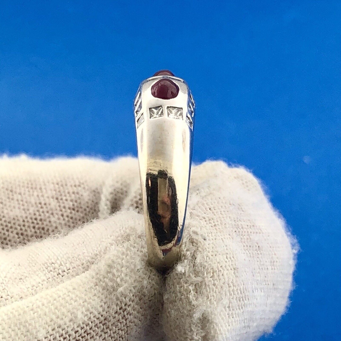 Art Deco Art Nouveau 18K White Gold Ruby Diamond July Anniversary Band Ring