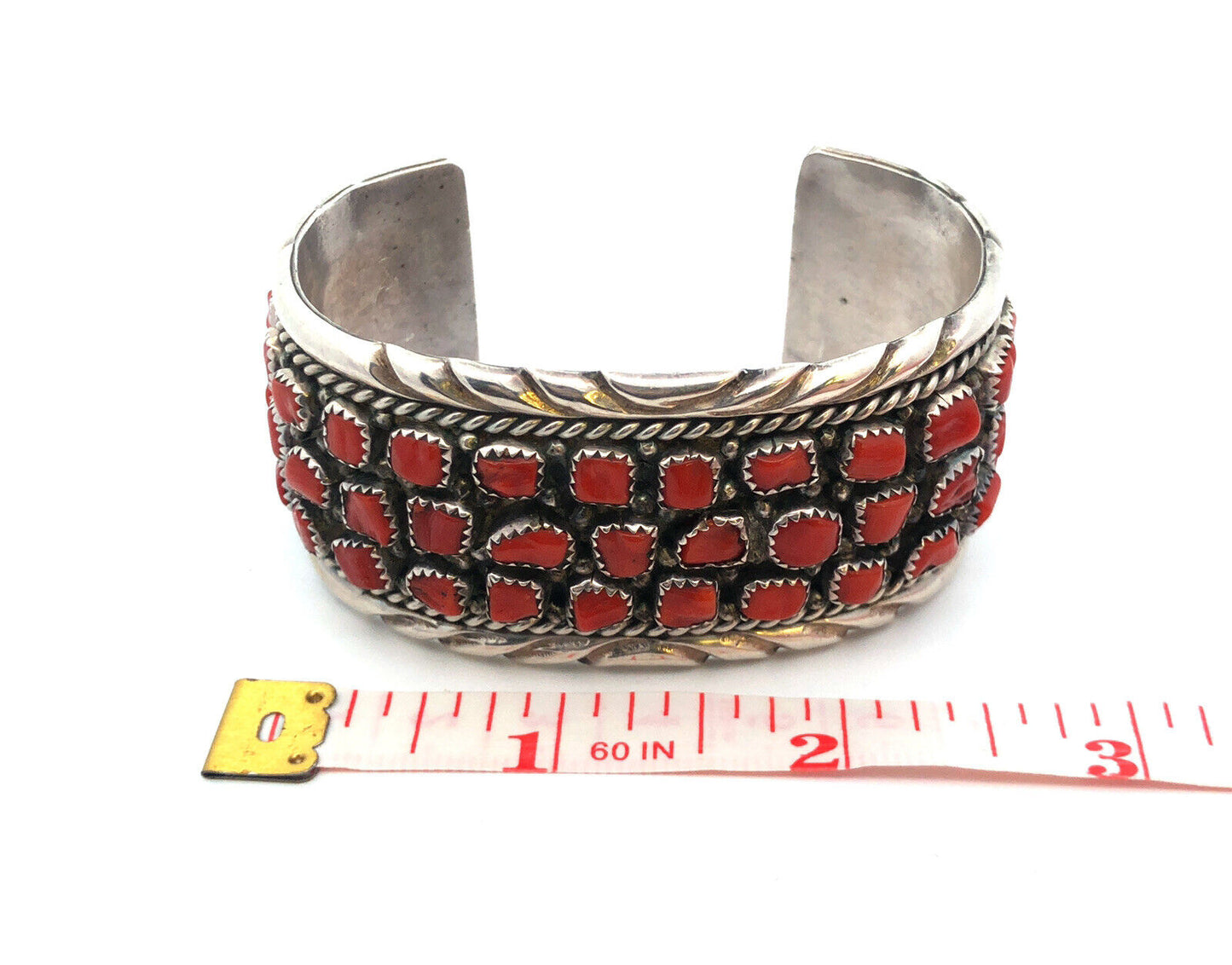 Melvin Chee Navajo 925 Sterling Silver Red Coral Statement Open Cuff Bracelet