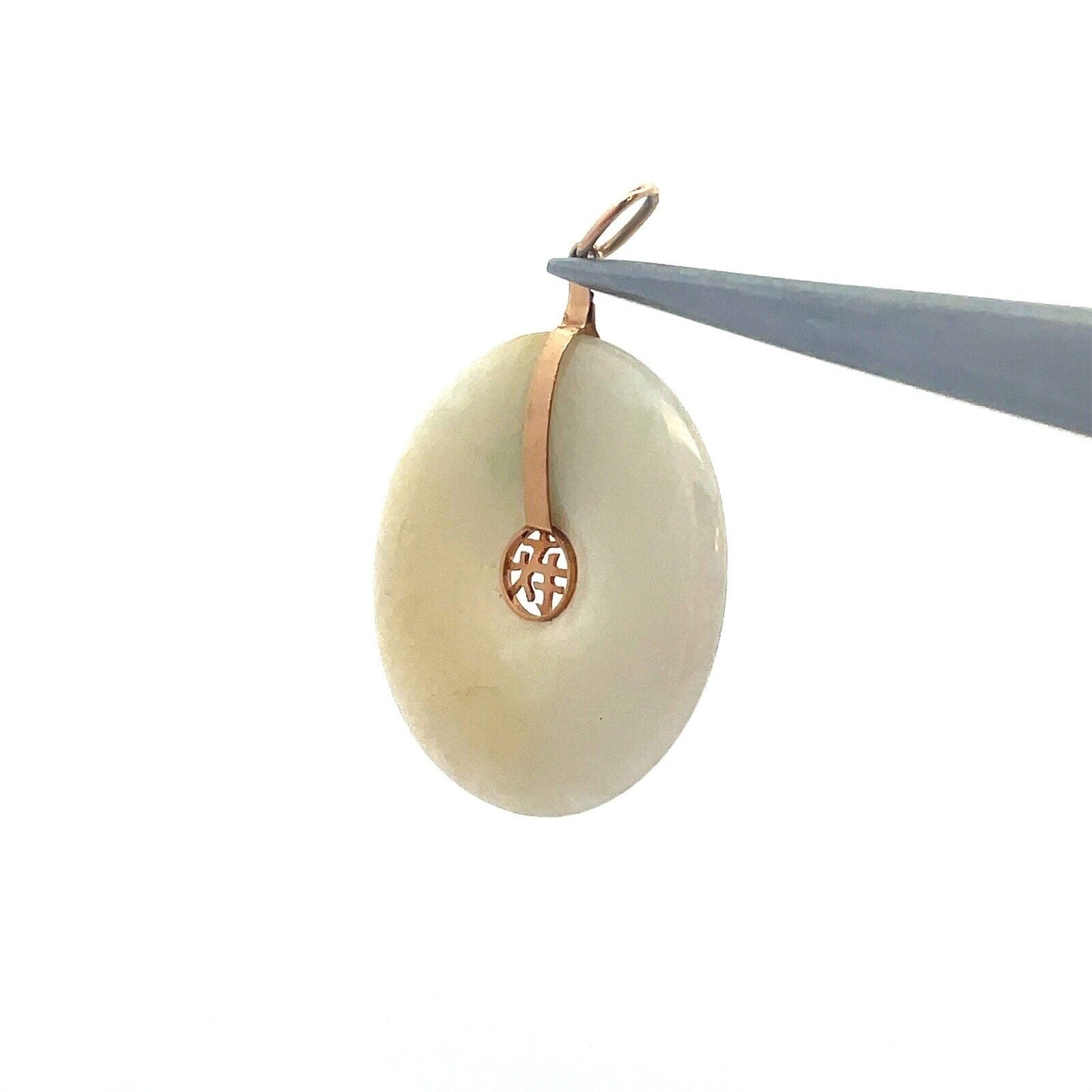 Designer 14K Yellow Gold Jade Chinese Symbol Longevity Good Luck Disc Pendant