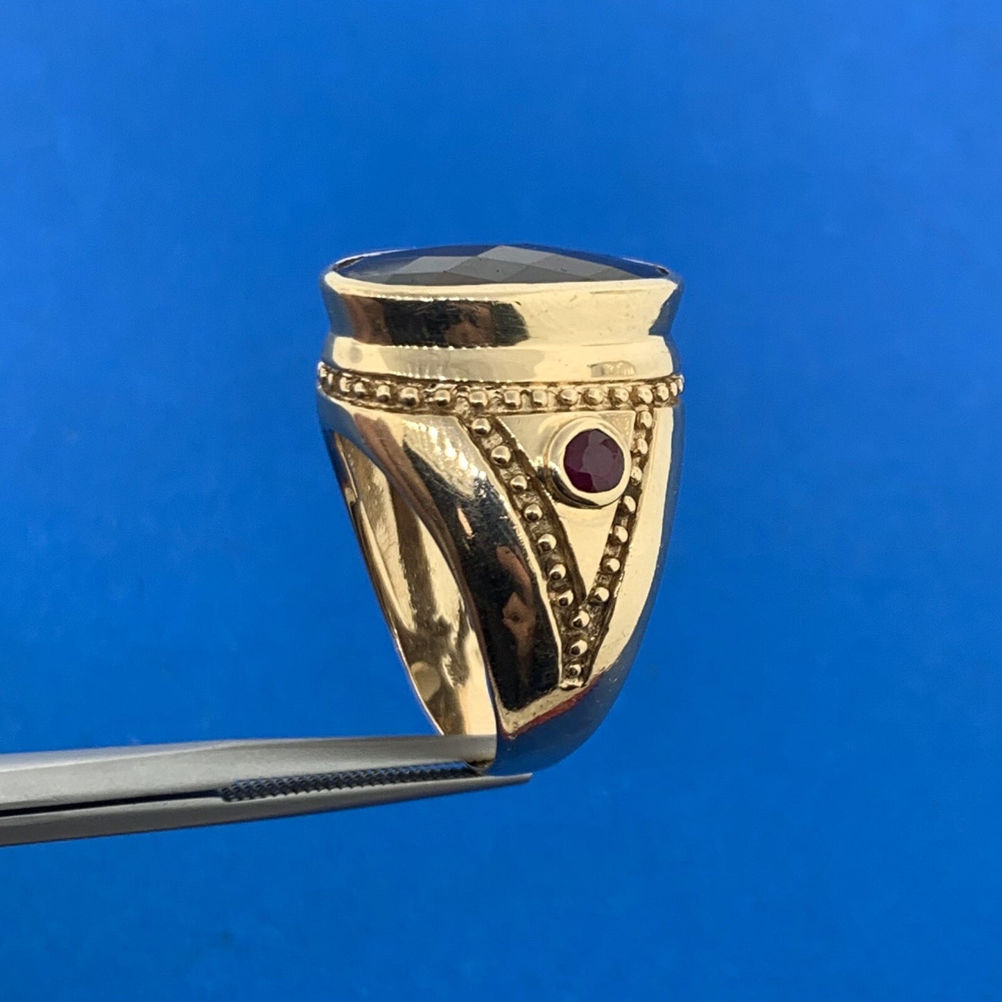 14K Yellow Gold Oval Cushion Cut Smoky Quartz Ruby Accented Statement Ring