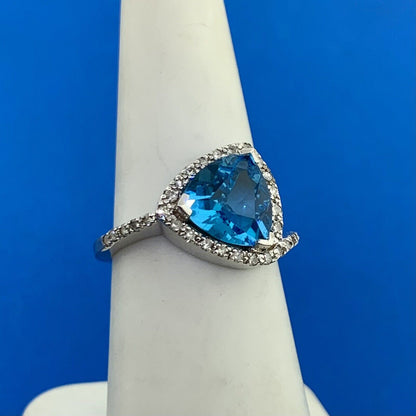 Designer 14K White Gold Trillion Cut Blue Topaz Diamond Accented Ring