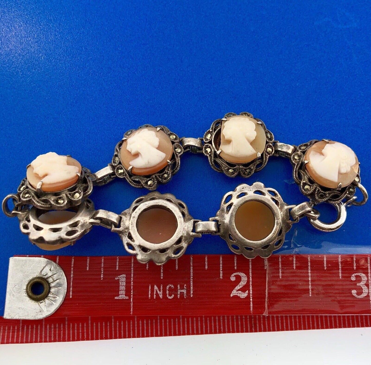 Art Deco Sterling Silver 925 Carved Cameo Marcasite Accented Panel Bracelet