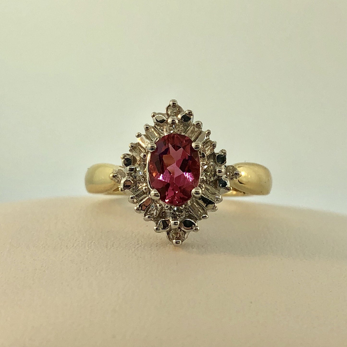 Stunning 14K Yellow White Gold Diamond Pink Tourmaline Engagement Occasion Ring