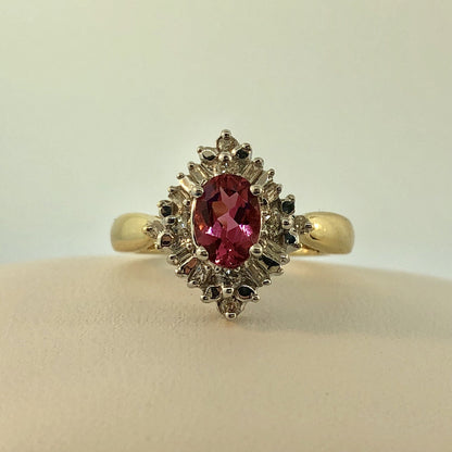 Stunning 14K Yellow White Gold Diamond Pink Tourmaline Engagement Occasion Ring