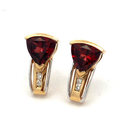 Designer 14K Yellow Gold Trillion Garnet Diamond Accented Stud Earrings