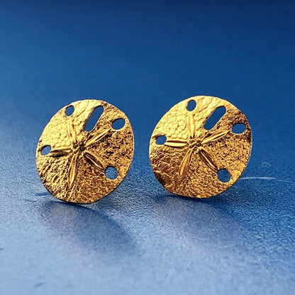 Sterling Silver Vermeil 925 Sand Dollar Sea Ocean Paradise Stud Earrings