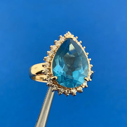 10K Yellow Gold Pear Blue Topaz Diamond Halo Statement Cocktail Ring
