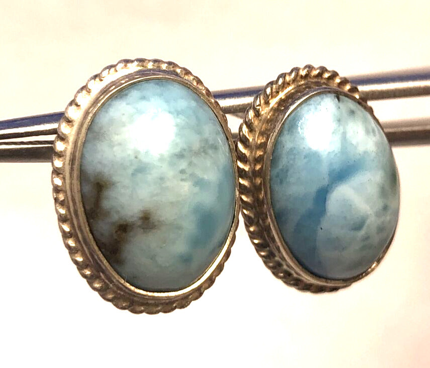 Vintage 925 Sterling Silver Blue Larimar Oval Statement Stud Earrings