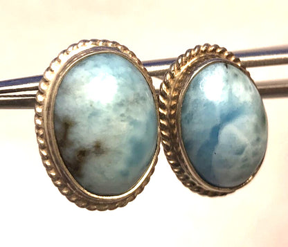 Vintage 925 Sterling Silver Blue Larimar Oval Statement Stud Earrings