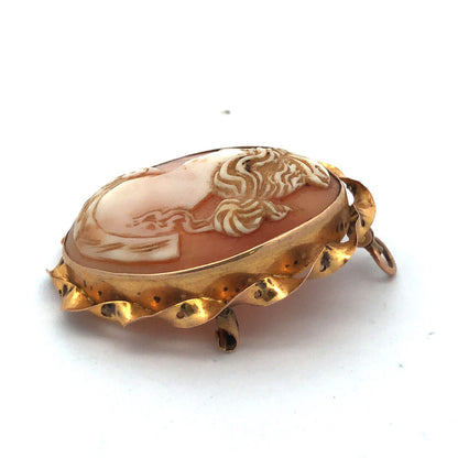 10K Yellow Gold Vintage Oval Carved Shell Cameo Pendant Pin Brooch
