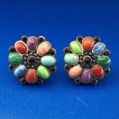 Vintage Sterling Silver 925 Multi Gem Floral Pinwheel Statement Stud Earrings