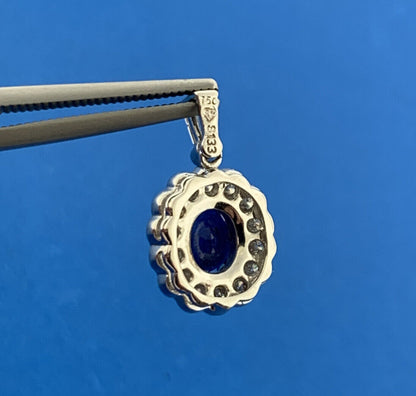 18K White Gold Sapphire Diamond Halo September Anniversary Pendant