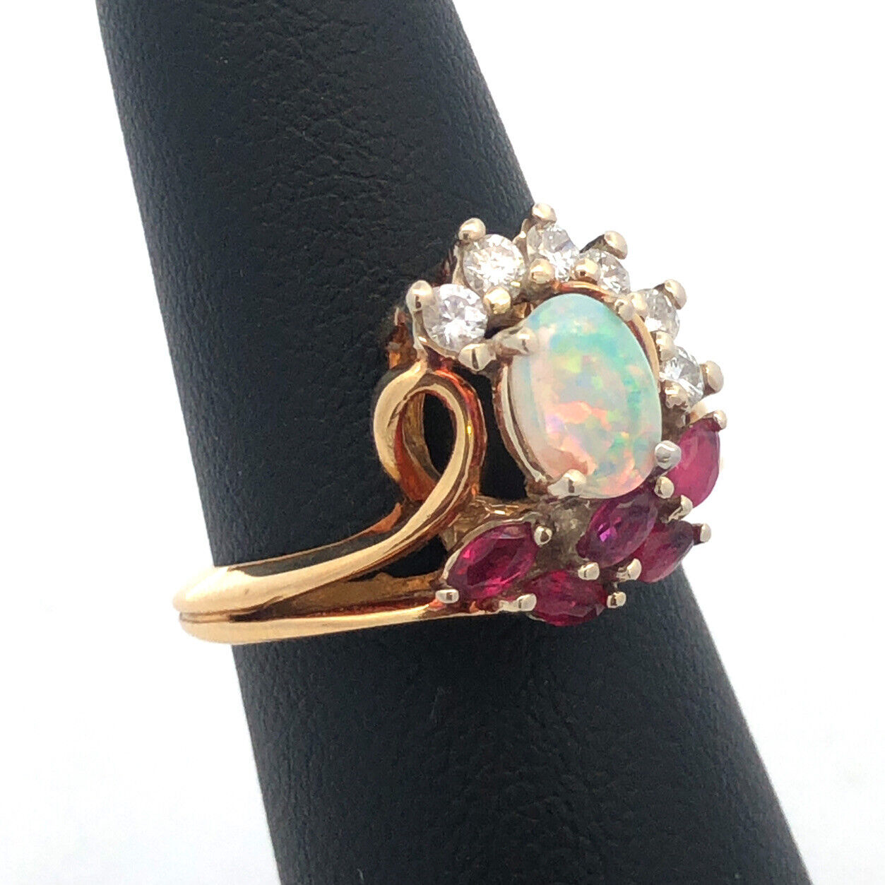 Vintage Gemco 18K Yellow Gold Opal Ruby Diamond Free Form Cocktail Ring