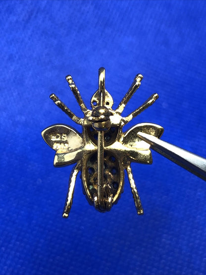 Designer PAT 926 Sterling Silver Vermeil CZ Blue Sapphire Insect Pendant Brooch