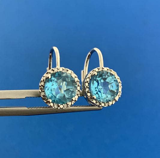 Designer 925 Sterling Silver Blue Topaz Diamond Halo Lever Back Earrings