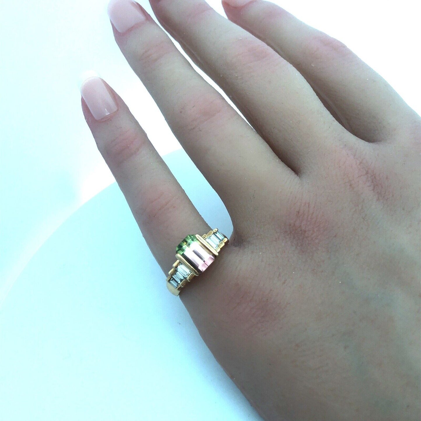 Vintage 14K Yellow Gold Watermelon Tourmaline Diamond Waterfall Cocktail Ring