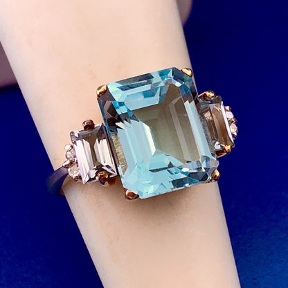 14K Yellow Gold Blue Topaz Diamond December Anniversary Cocktail Statement Ring