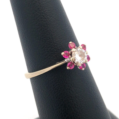 Gorgeous 18K Yellow Gold Round Cut Diamond Pink Ruby Flower Cluster Ring