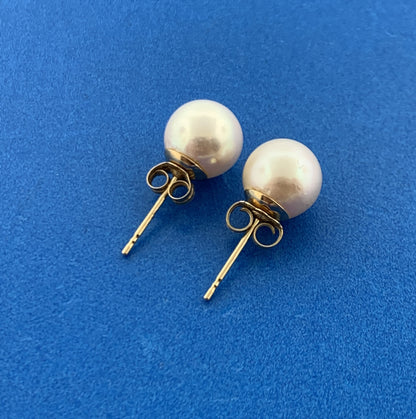 Gorgeous 14k Yellow Gold 8mm White Pearl Friction Back Stud Earrings