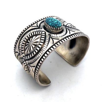 Native American Picto Signed Sterling Silver Turquoise Statement Cuff Bracelet