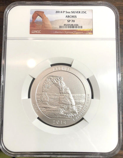 NGC 2014 P Arches Utah SP 70 America The Beautiful ATB 25C 5oz Silver Coin