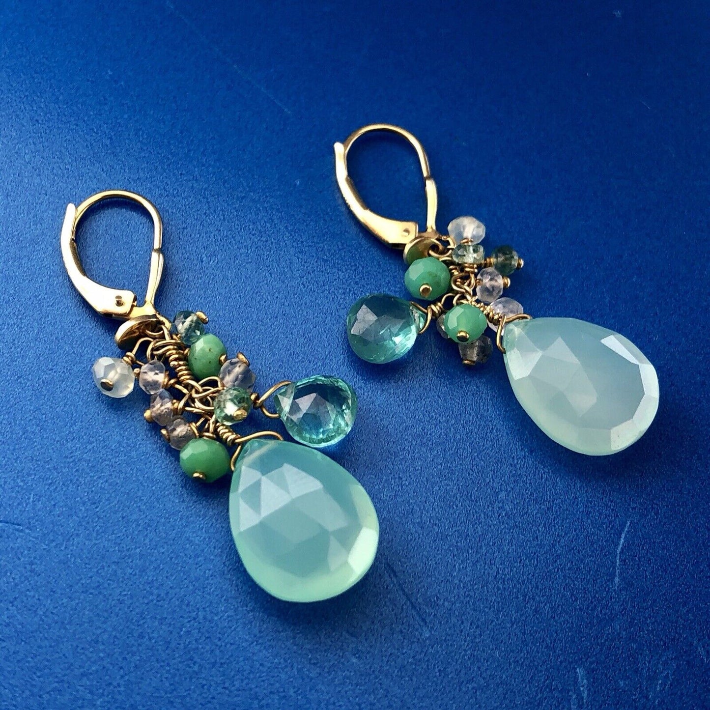 India Sterling Silver Vermeil Green Blue Opalescent Beads Drop Dangle Earrings