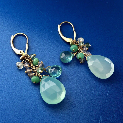India Sterling Silver Vermeil Green Blue Opalescent Beads Drop Dangle Earrings