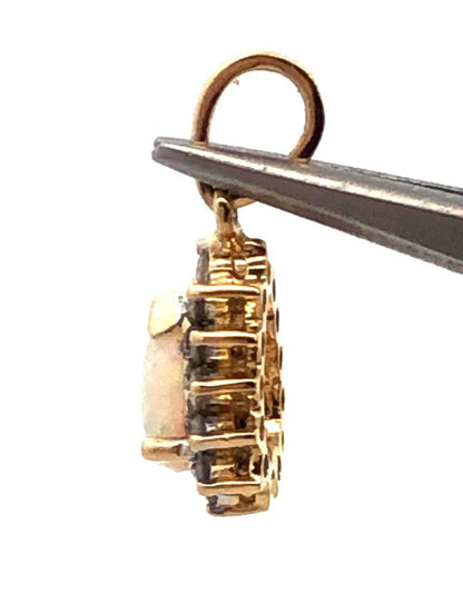 Designer EC 14K Yellow Gold Pear Cut White Opal Diamond Halo Pendant