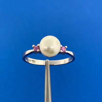 Designer 10K White Gold Pearl Ruby Accented Size 7 Ring
