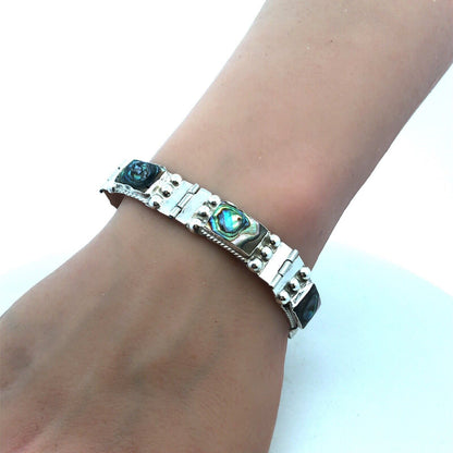 Vintage Taxco 925 Sterling Silver Abalone Rectangle Cabochon Panel Bracelet