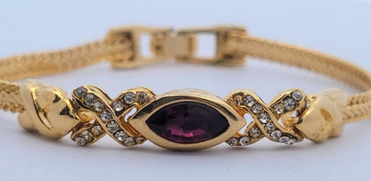 Vintage Swarovski America Ltd. Gold Tone Purple White Crystal XO Tennis Bracelet
