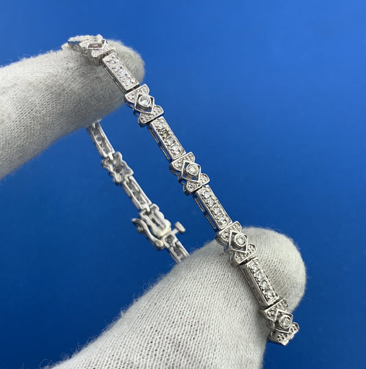 14K White Gold Diamond Panel Bar Link Tennis Bracelet