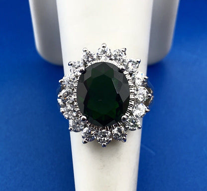 Retro Sterling Silver 925 Green White CZ Statement Fashion Cocktail Ring