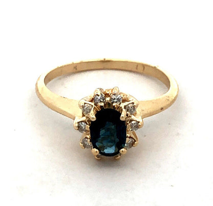 Estate 14K Yellow Gold London Blue Topaz Diamond Halo Cocktail Anniversary Ring
