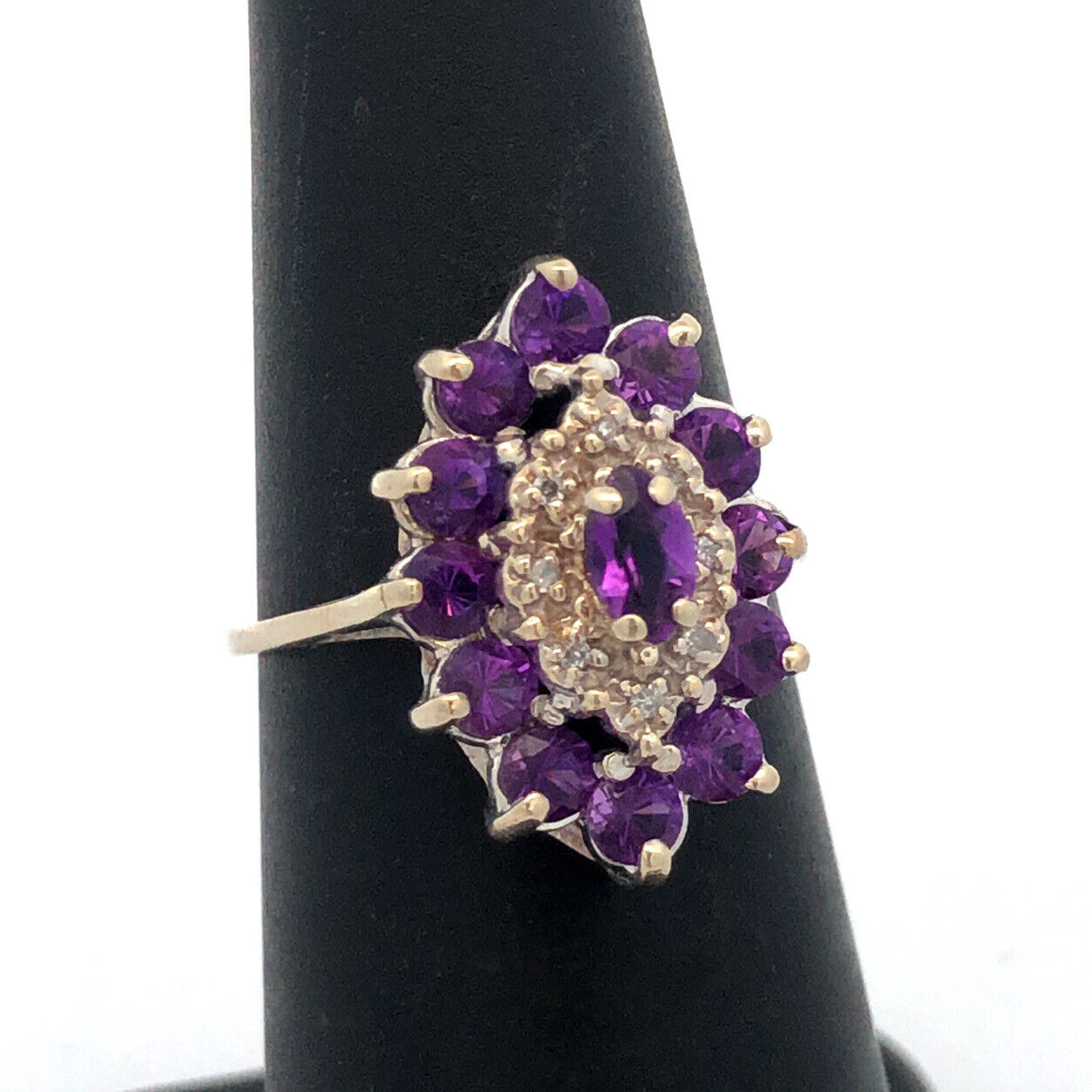 Estate 10K White Gold Amethyst Diamond Accented Statement Cocktail Ring
