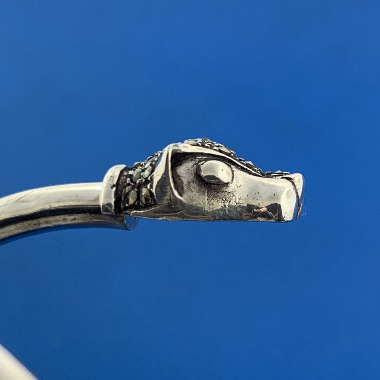 Art Deco Sterling Silver Marcasite Double Devil Dog Head Bypass Cuff Bracelet