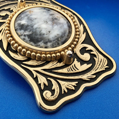 Dramatic Brass Black White Jasper Stone Scroll Intaglio Rectangle Belt Buckle