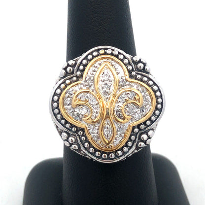 925 Sterling Silver Two Tone Cubic Zirconia Fleur De Lis Statement Ring