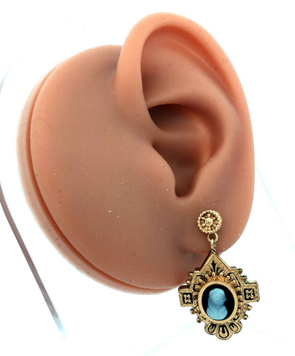 Victorian 14K And Gold Filled Black & White Cameo Enamel Dangle Stud Earrings
