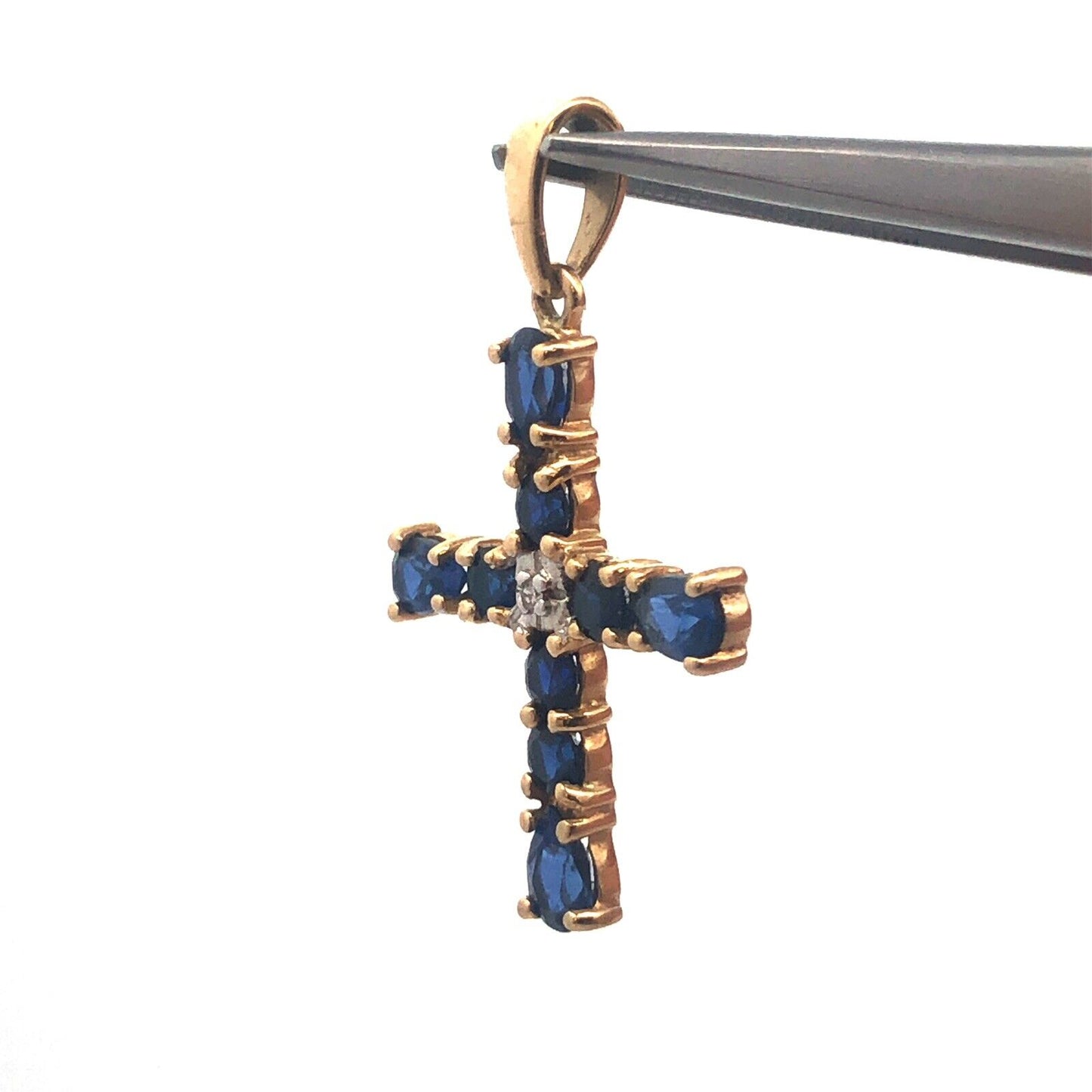 Gorgeous 10k Yellow Gold Blue Spinel Diamond Faith Religious Cross Pendant