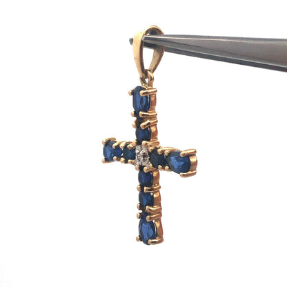 Gorgeous 10k Yellow Gold Blue Spinel Diamond Faith Religious Cross Pendant