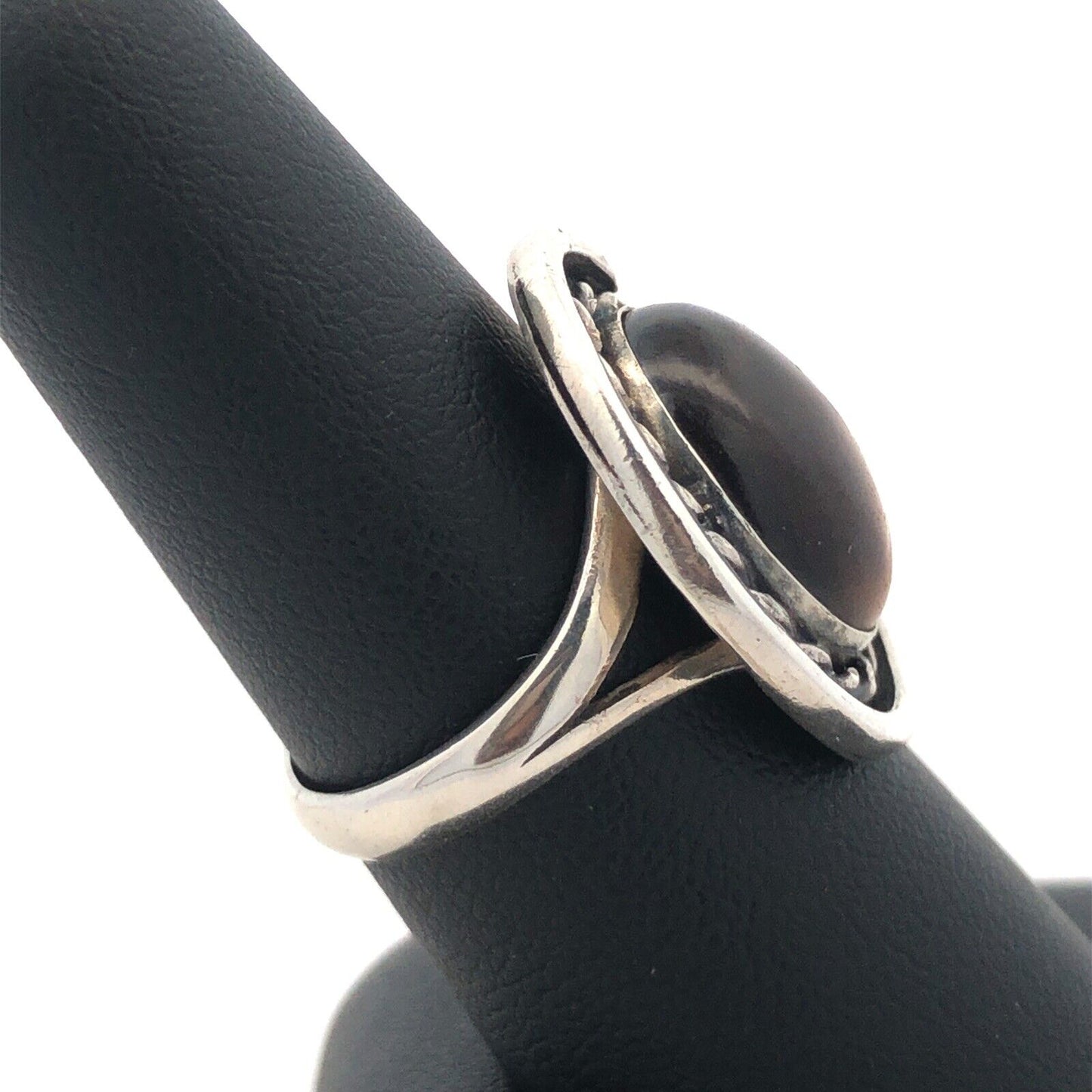 Estate 925 Sterling Silver Cabochon Tigers Eye Feather Design Oval Ring