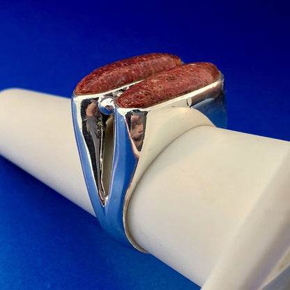 Designer CSX 925 Sterling Silver Red Coral Free Form Statement Double Dome Ring