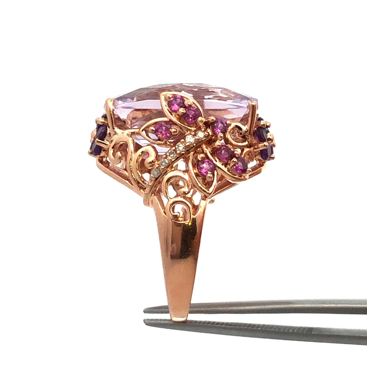 Designer 14K Yellow Gold Amethyst Pink Tourmaline Diamond Statement Floral Ring