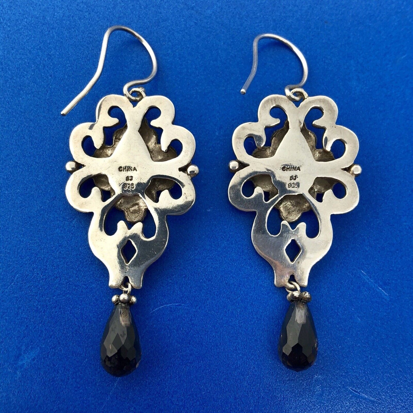 Designer BJ Sterling Silver 925 Smoky Topaz Enamel Floral Scroll Dangle Earrings